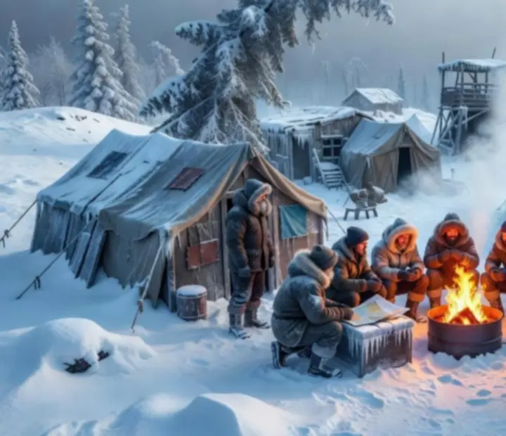 Cinematická scéna aliančného tábora v zamrznutej pustatine vo Whiteout Survival