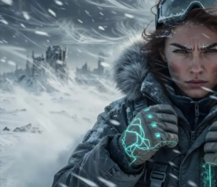 Cinematický detail hrdinky Aurory v zasneženom prostredí Whiteout Survival