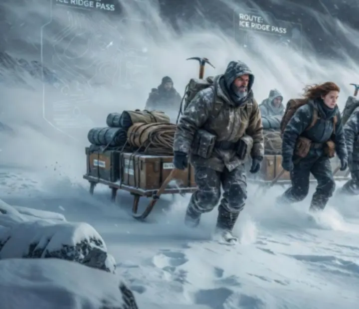 Skupina hrdinov Whiteout Survival na zasneženej expedícii v ľadovej pustatine