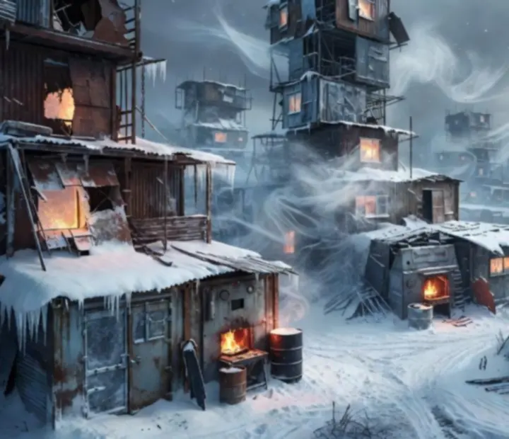 Ilustrácia zamrznutého mesta a preživších z Whiteout Survival