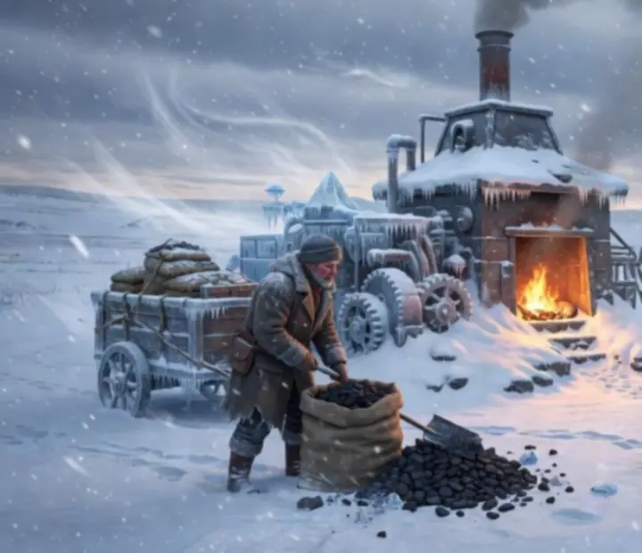 Zber surovín v zasneženej krajine okolo mesta v hre Whiteout Survival