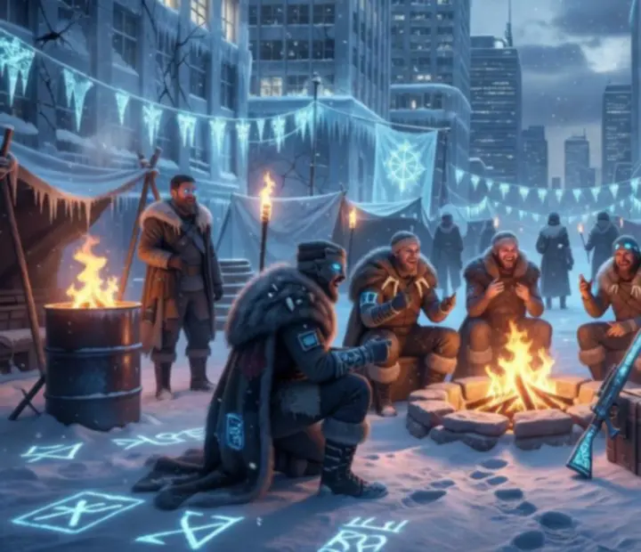 Zimný festival v zamrznutom meste Whiteout Survival s pecou a oslavujúcimi preživšími